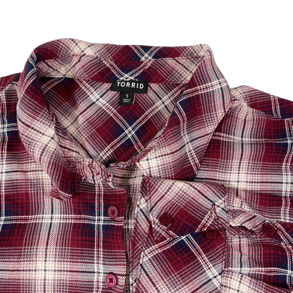 Torrid 1 Burgundy Plaid Button Down Shirt Long Sleeve Pocket Grunge Cabin